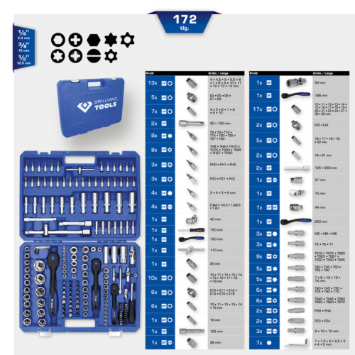 JOGO CHAVES CAIXA 172 PCS 1/4 + 3/8 + 1/2